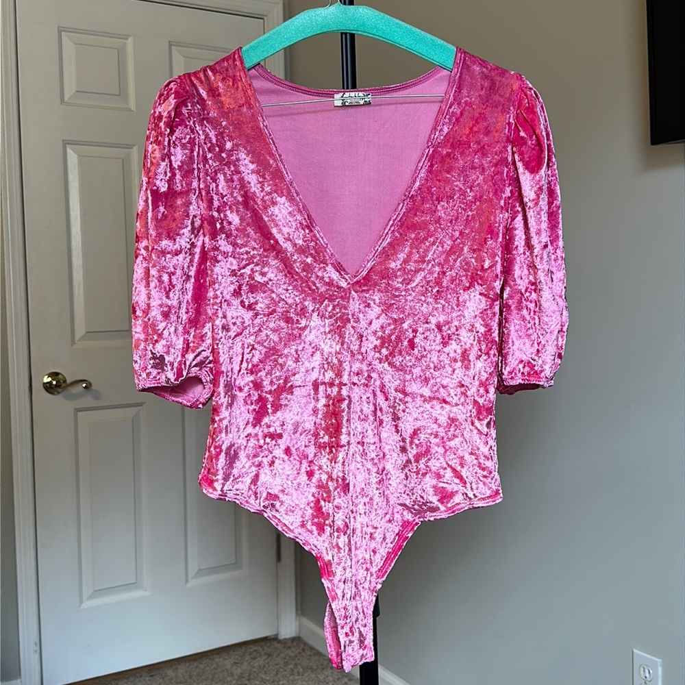 Free People Crushed Velvet Barbie Pink Body Suit - NWOT